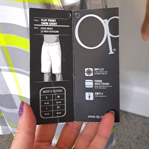 NWT OP Flex 4-Way Stretch Men's Swim  Shorts Grey/Lime/White Plaid with Pockets - Picture 2 of 12